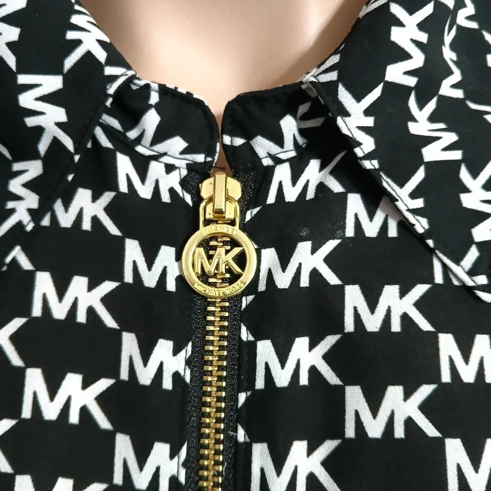 Michael Kors MK Logo Women Top 1X Black White Monogram Roll Tab Sleeve Designer